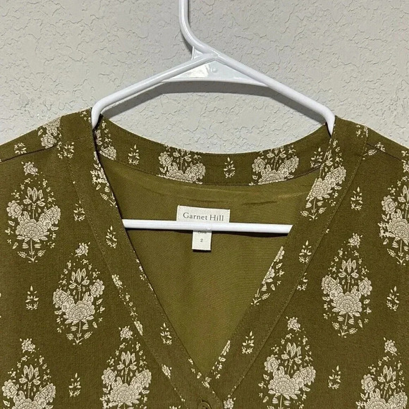 Garnet Hill Olive Green Floral Drop Waist Dress Women’s Size 2 Button Up Pockets - Picture 3 of 11